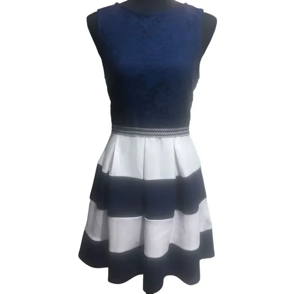 Speechless Juniors Size L Navy White Stripe Lace Fit & Flare Sleeveless Dress